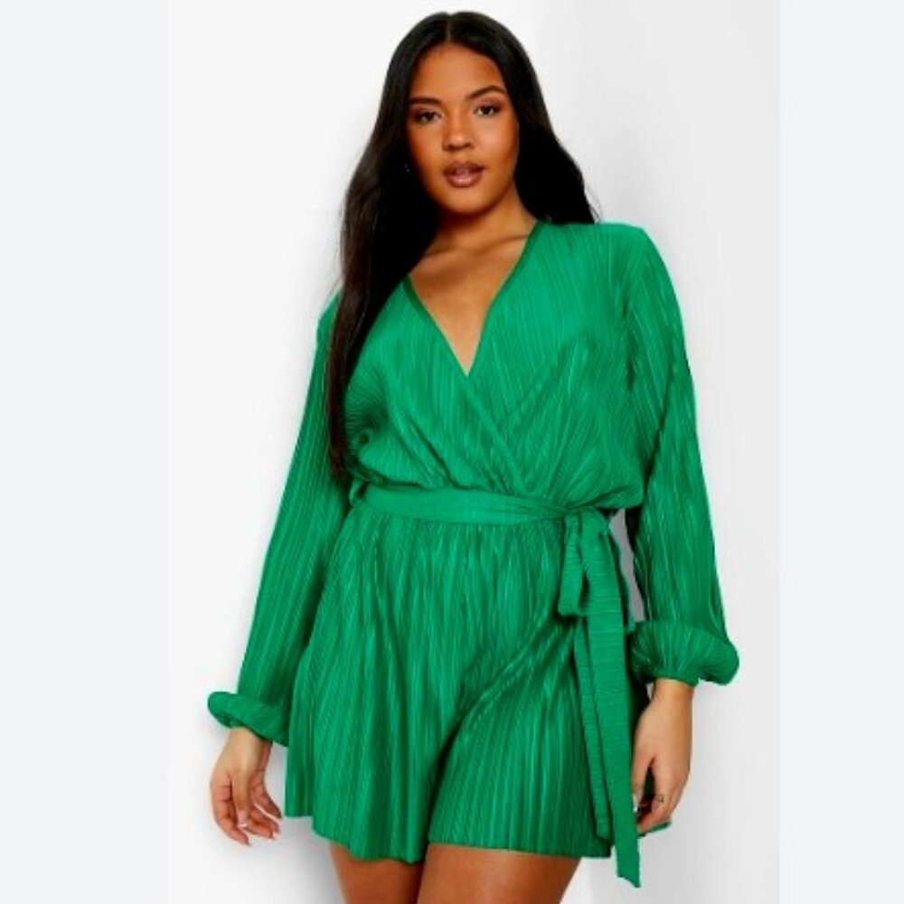 BooHoo Plisse Wrap Belted Playsuit